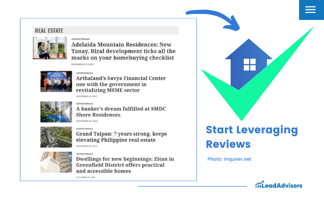 Infographic highlighting Inquirer.net real estate listings with advice to start leveraging customer reviews