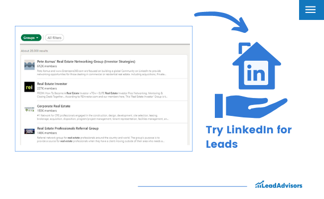 Infographic showing LinkedIn real estate groups with a tip encouraging realtors to try LinkedIn for leads
