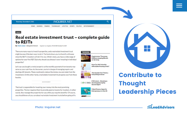 Infographic showing an Inquirer.net article on real estate investment trusts with a tip to contribute to thought leadership pieces.