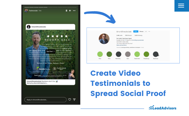 Infographic displaying an Instagram testimonial post with guidance to create video testimonials to spread social proof."