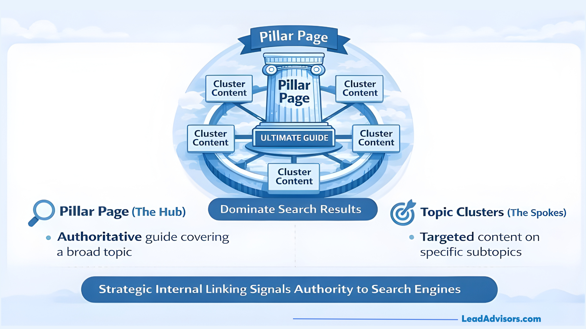 Visual metaphor of a pillar page as a hub with cluster content acting as spokes to dominate search results through authority.
