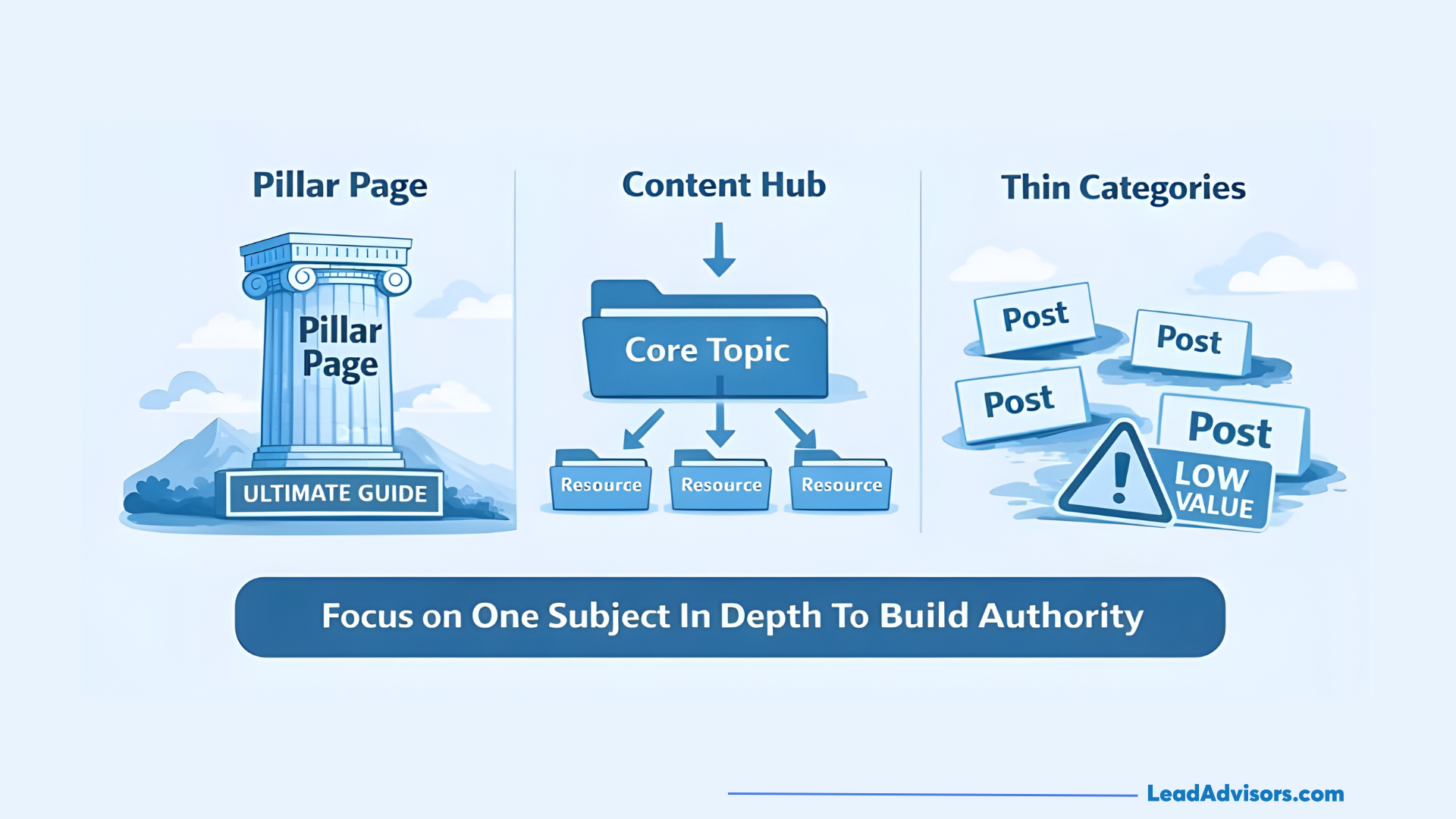 Comparison between a high-authority pillar page/content hub and low-value thin categories for SEO strategy.