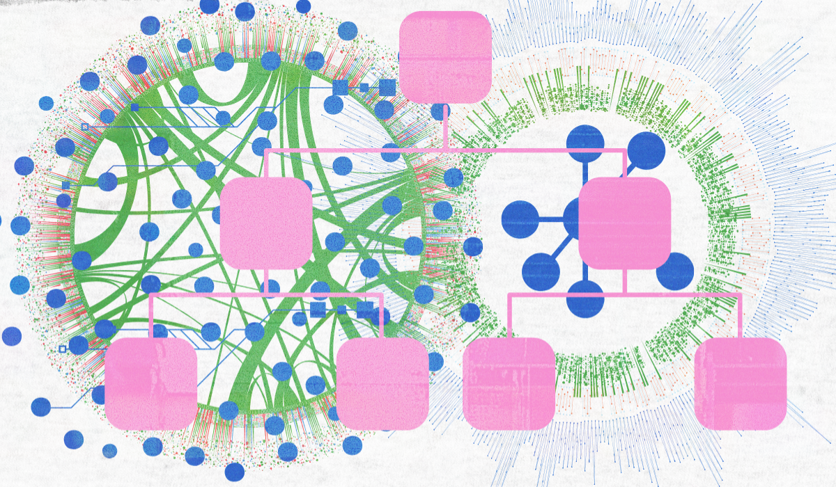 A conceptual abstract visualization of an interconnected content network showing the relationship between central pillar nodes and their supporting cluster content web.