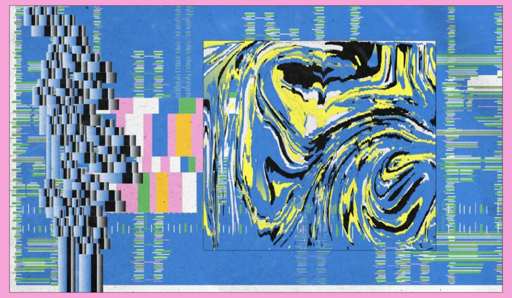 A colorful, abstract digital illustration featuring glitch effects and swirling blue and yellow patterns reminiscent of a distorted classical painting.