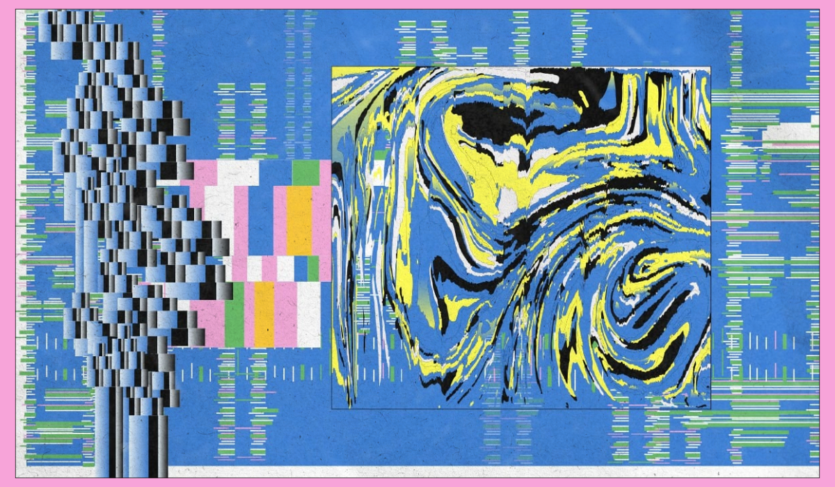 A colorful, abstract digital illustration featuring glitch effects and swirling blue and yellow patterns reminiscent of a distorted classical painting.