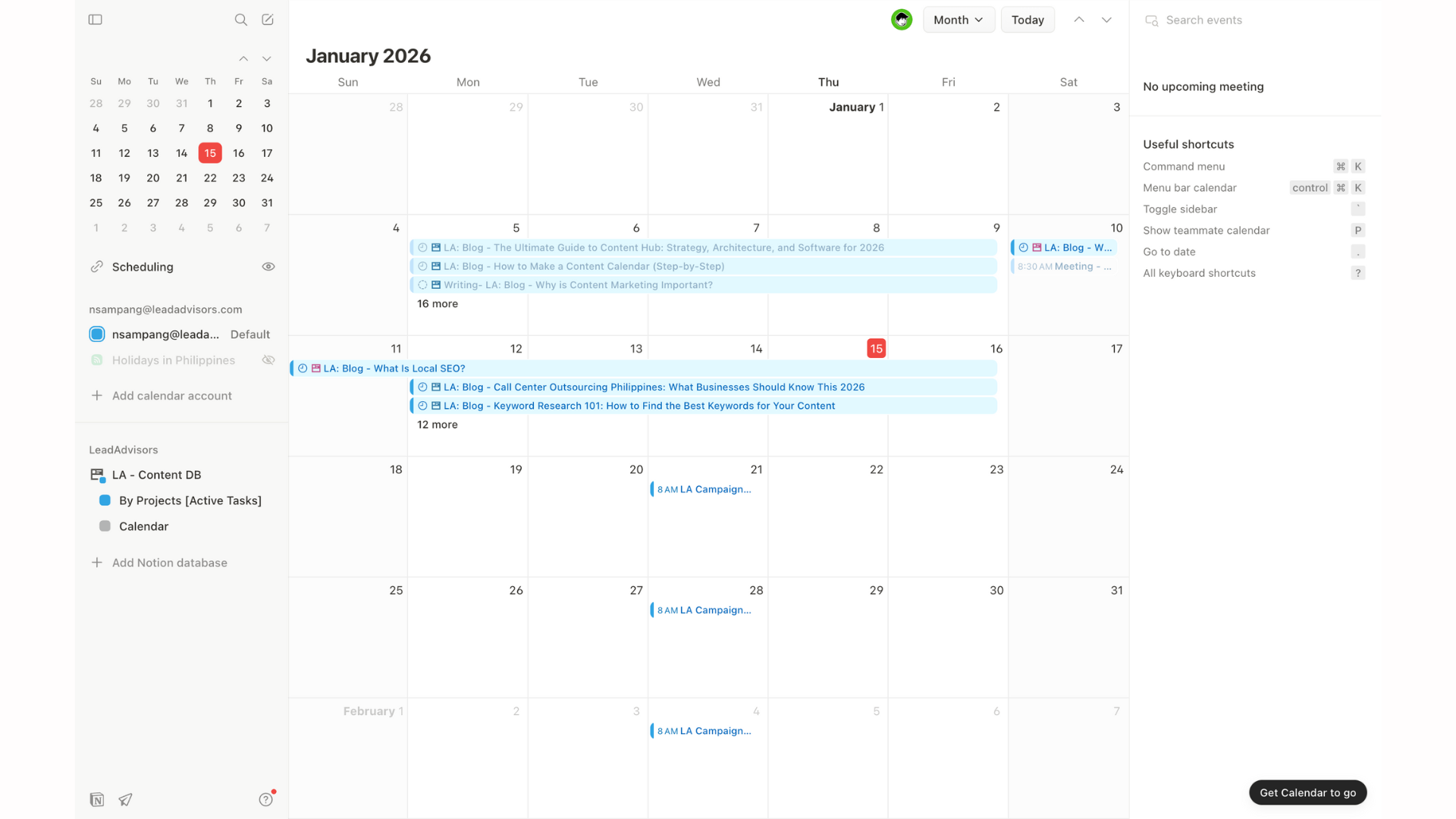 A digital editorial calendar for January 2026 showing scheduled blog posts on SEO, Keyword Research, and Content Marketing.