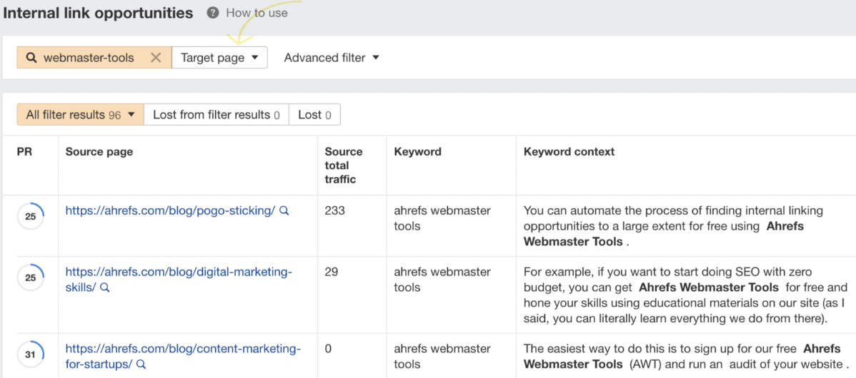 A dashboard from Ahrefs displaying technical SEO insights for internal link opportunities targeting webmaster-tools, with columns for source page, total traffic, keyword context, and a dropdown set to Target page.