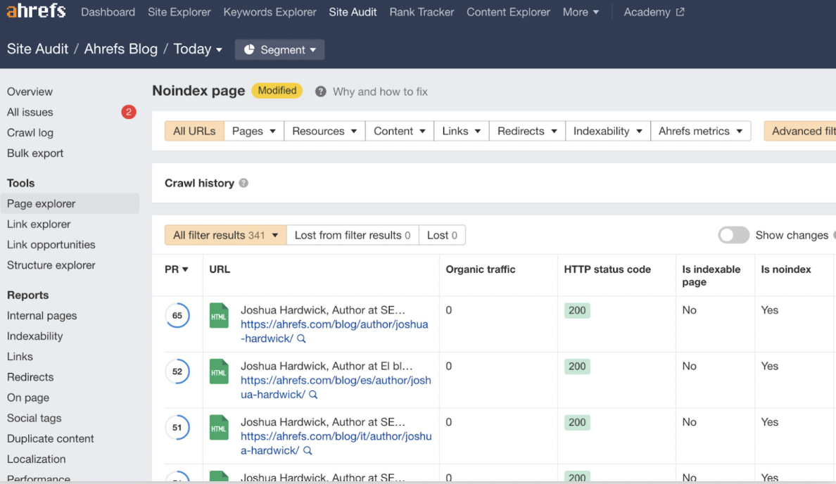 Screenshot of the Ahrefs Site Audit tool's “Noindex page” report—a key resource for technical SEO—displaying URLs, organic traffic, HTTP status codes, and indexability. The top rows highlight articles by Joshua Hardwick.