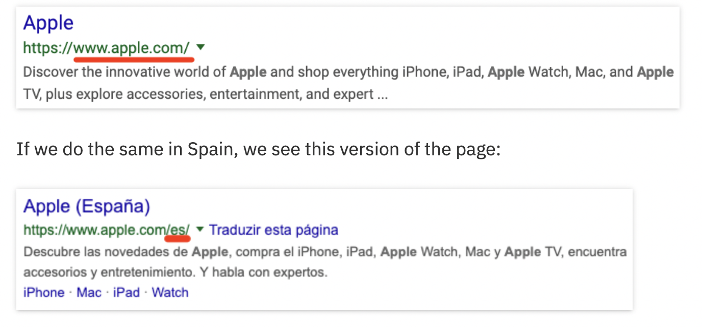 Two Google search result previews: one in English for Apple’s website, and one in Spanish for Apple’s Spain site. Both mention Apple products and use technical SEO best practices; the Spanish version offers a translation option with blue site links.