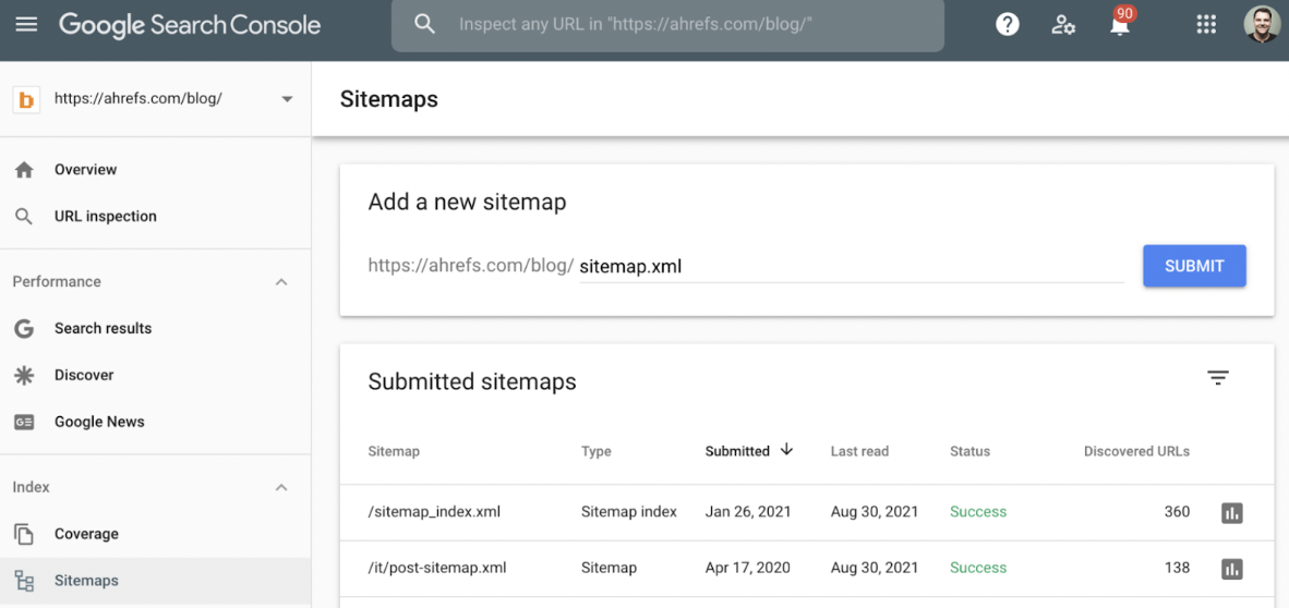 Screenshot of Google Search Console’s “Sitemaps” page highlighting technical SEO tasks: adding a new sitemap and reviewing submitted sitemaps like /sitemap_index.xml and /it/post-sitemap.xml, along with their status.