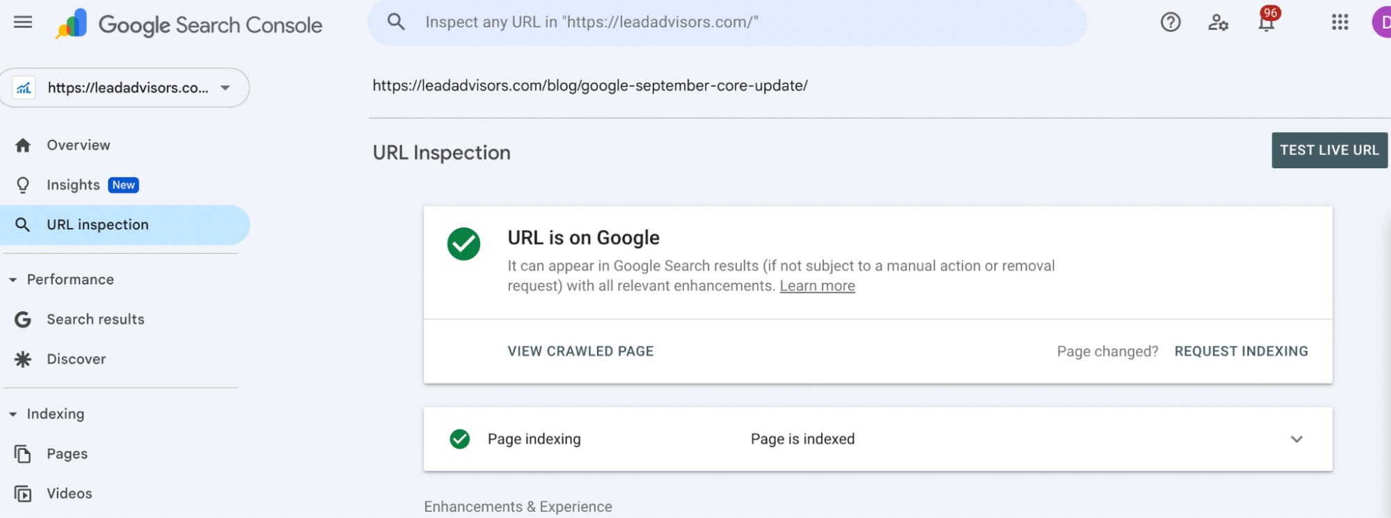 Screenshot of Google Search Console displaying a URL Inspection for https://leada…m-september-con…-update/. Status: URL is on Google with indexing confirmed—an essential technical SEO step. Options to view the crawled page or request indexing are available.
