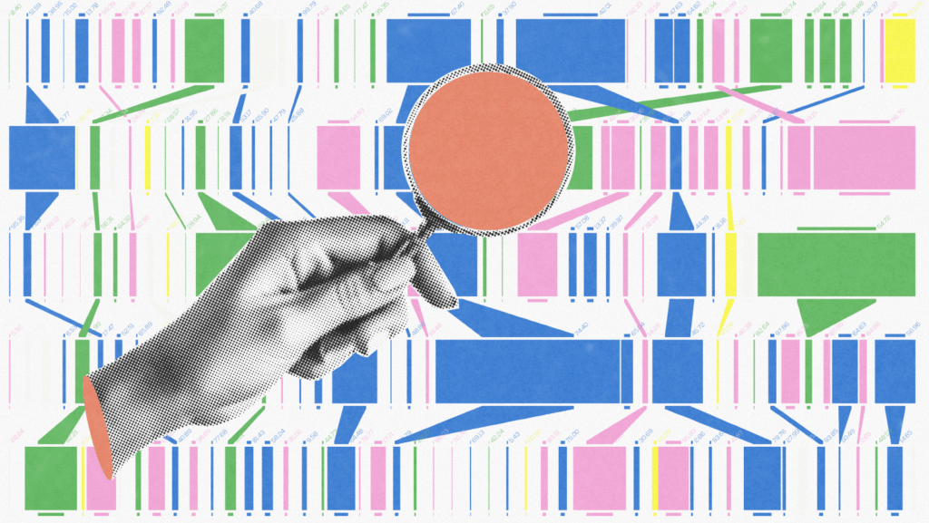 A hand holds a magnifying glass over a colorful, abstract chart with rectangles and lines in blue, pink, green, and white, resembling data visualization or technical SEO analysis.