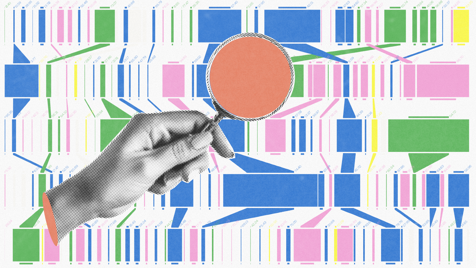A hand holds a magnifying glass over a colorful, abstract chart with rectangles and lines in blue, pink, green, and white, resembling data visualization or technical SEO analysis.