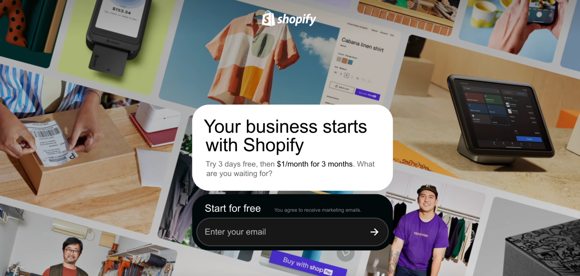 Shopify homepage with a popup inviting you to start your business. Try 3 days free, then $1/month for 3 months. The background features retail photos, and an email field is ready to start your free trial—optimized for technical SEO best practices.