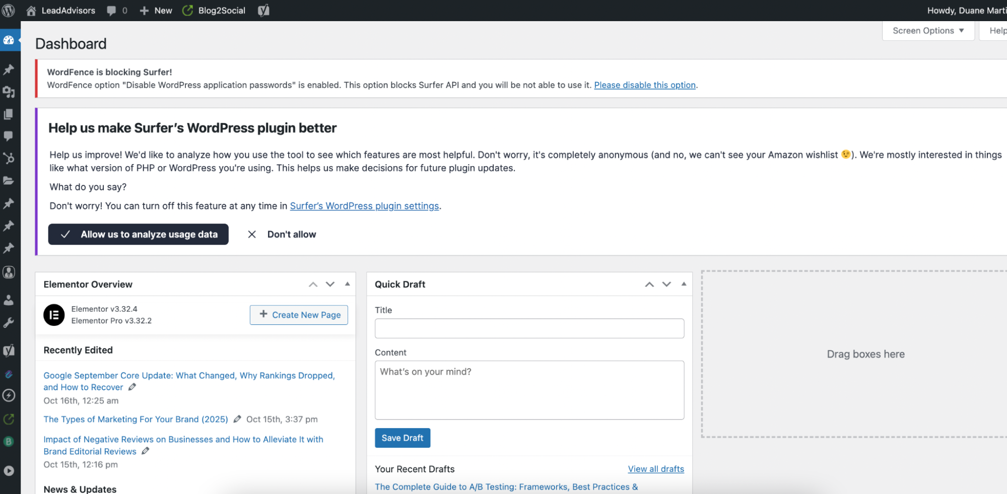 WordPress dashboard displaying a notice about Surfer’s WordPress plugin, an Elementor Overview panel, Quick Draft, and Recently Edited posts. The admin menu is on the left, with technical SEO features helping improve site optimization.