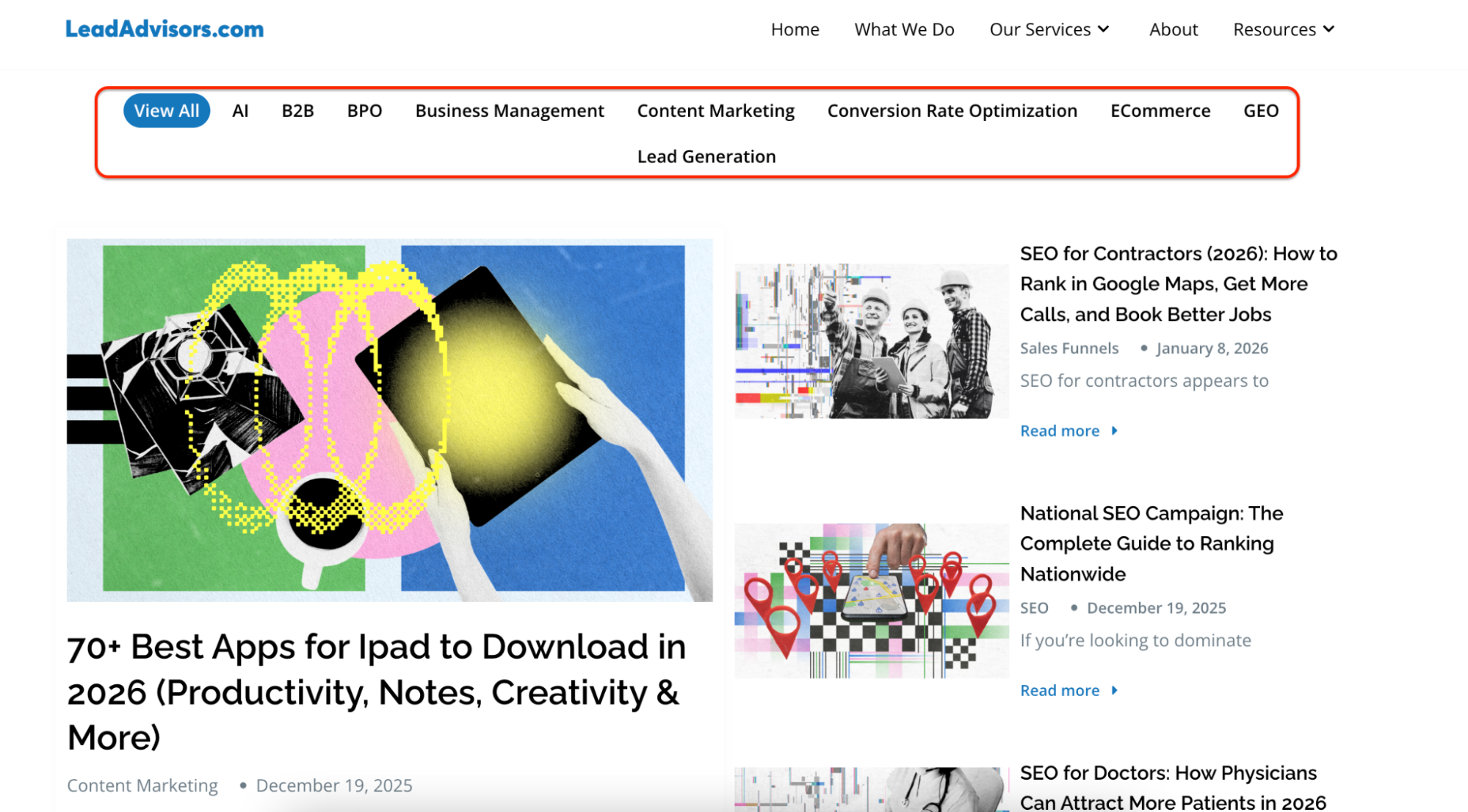 Blog navigation showing topic category filters including AI, B2B, BPO, Business Management, Content Marketing, Conversion Rate Optimization, ECommerce, GEO, and Lead Generation with featured article on iPad apps.