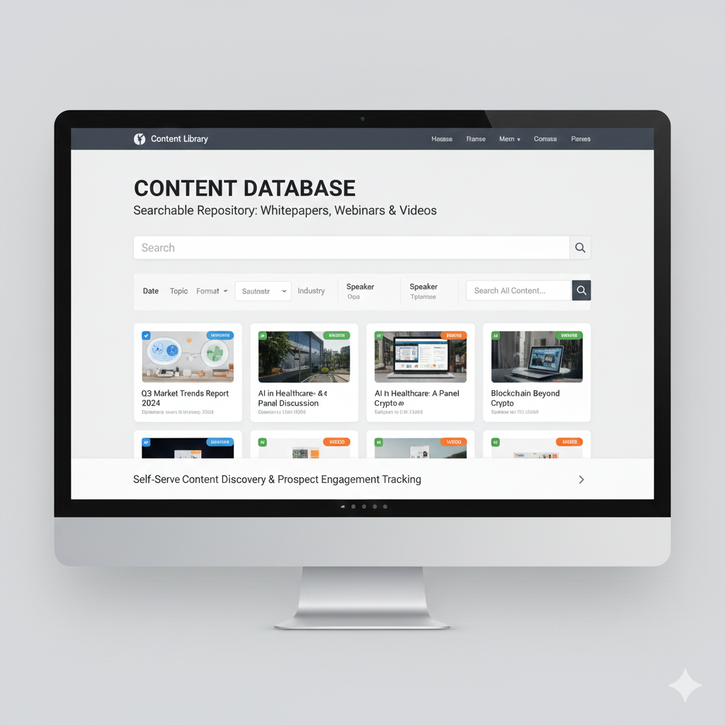 Content library interface displaying a searchable database of whitepapers, webinars, and videos with filtering options by date, topic, format, and speaker.