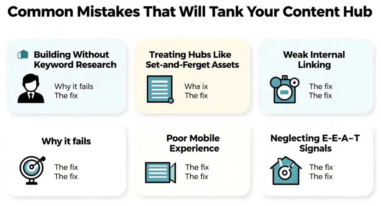 Infographic showing six common content hub mistakes including building without keyword research, treating hubs like set-and-forget assets, weak internal linking, poor mobile experience, and neglecting E-E-A-T signals.