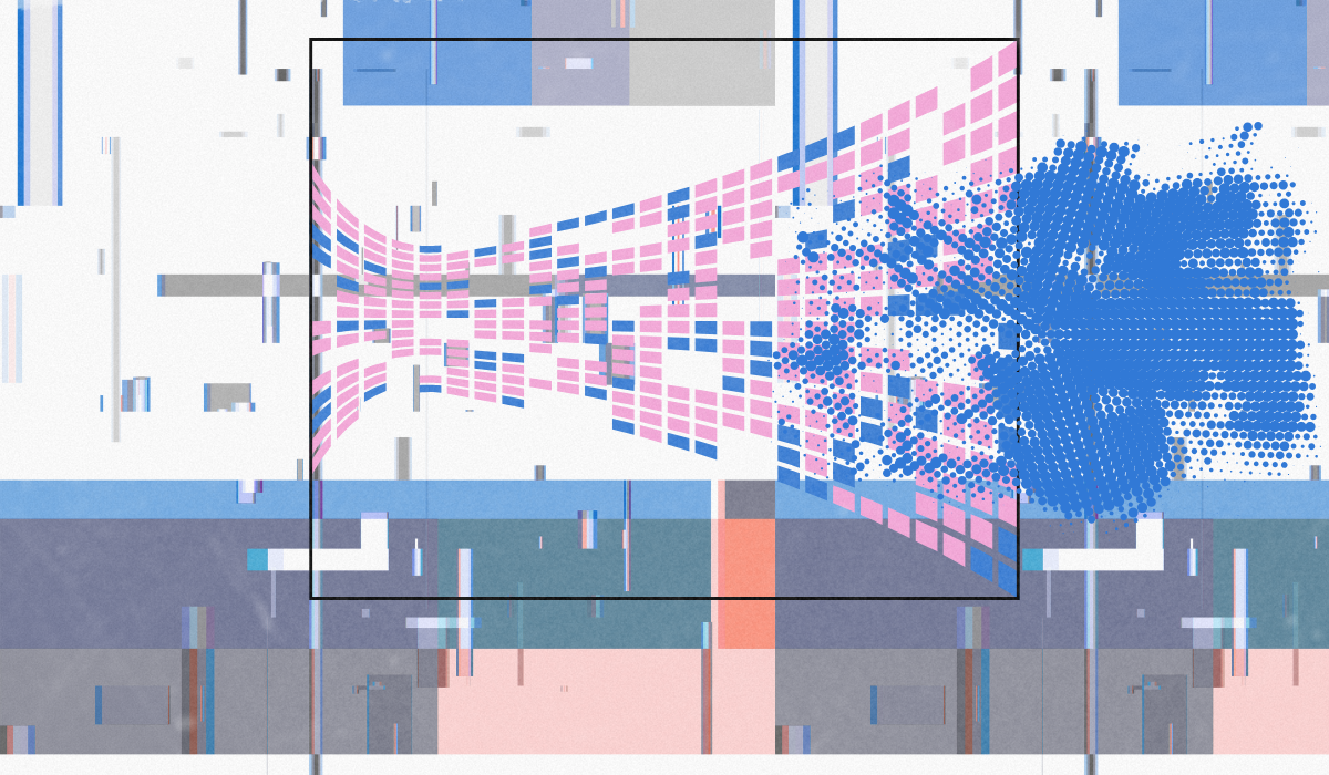 Abstract data visualization showing pink and blue geometric patterns transitioning into scattered dots, representing content or data analysis.