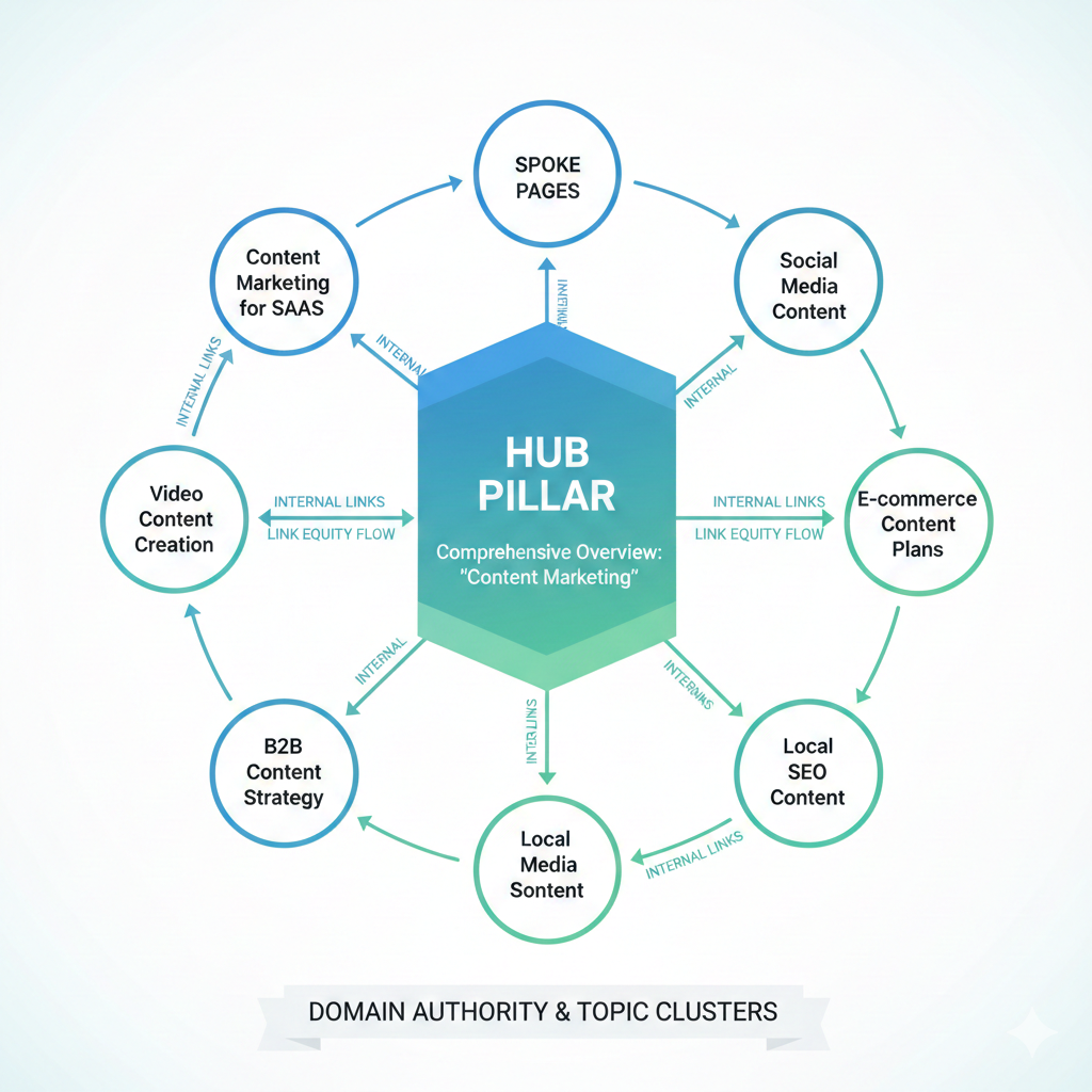 Hub and spoke content model diagram showing a central "Content Marketing" pillar page connected to eight spoke pages including SaaS, video, B2B, local media, SEO, and e-commerce content topics.