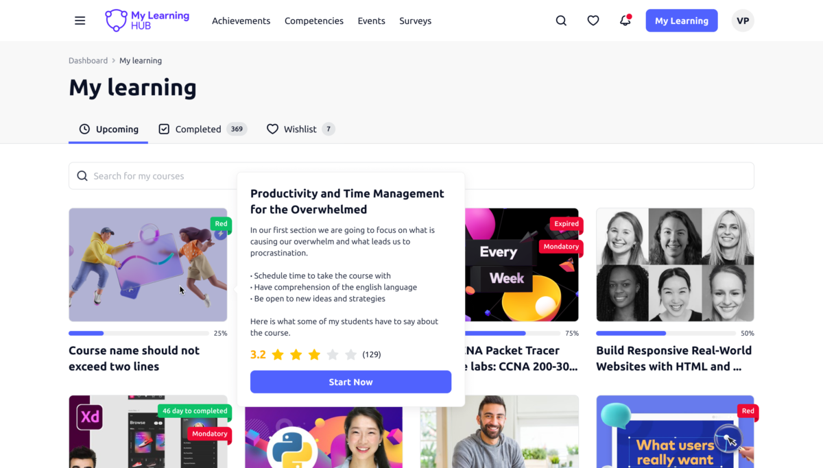 My Learning Hub dashboard displaying upcoming courses with progress bars, course thumbnails, ratings, and status badges for mandatory, expired, and red-flagged courses.