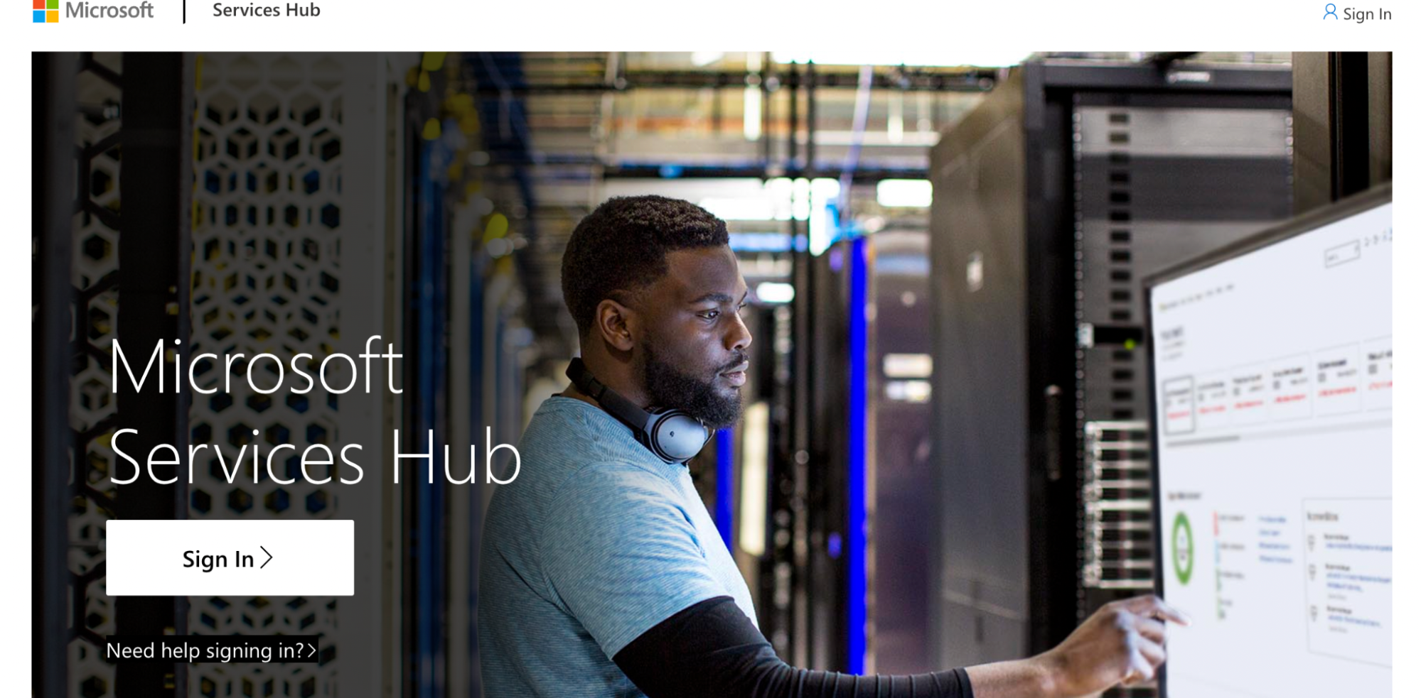 Microsoft Services Hub homepage featuring a hero image of an IT professional working in a server room with a prominent sign-in button and help link.