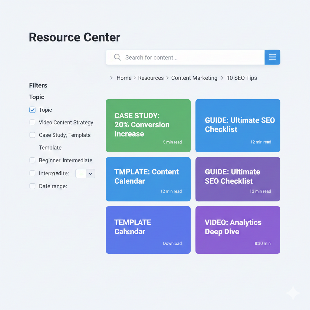 Resource center page with topic-based filters showing content cards for SEO guides, case studies, templates, and video content with estimated reading times.