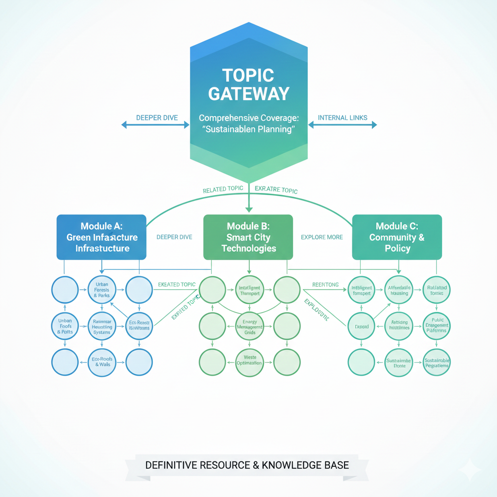 Hierarchical content structure diagram showing a Topic Gateway for "Sustainable Planning" with three modules covering Green Infrastructure, Smart City Technologies, and Community & Policy.