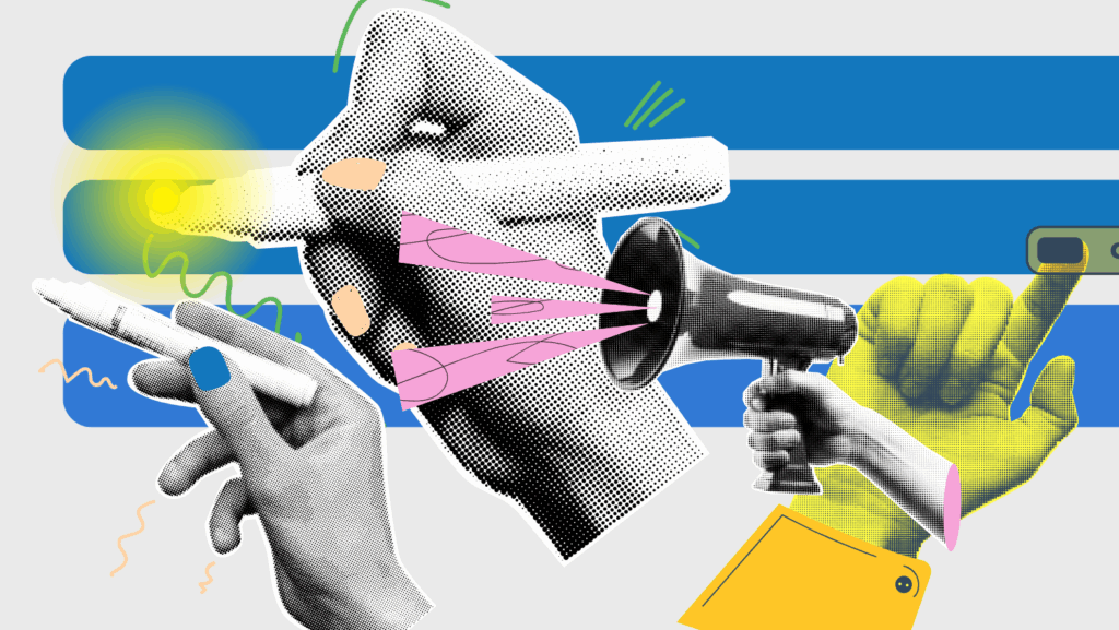 Illustration of hands pointing and using a megaphone, symbolizing digital communication and content promotion strategies.