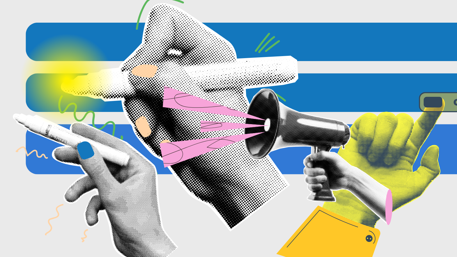 Illustration of hands pointing and using a megaphone, symbolizing digital communication and content promotion strategies.