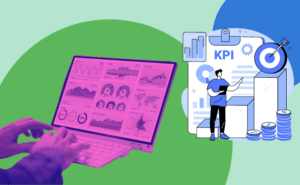 Illustration of SEO KPIs tracking with a person analyzing data on a laptop and a dashboard showing key performance indicators and business growth icons.