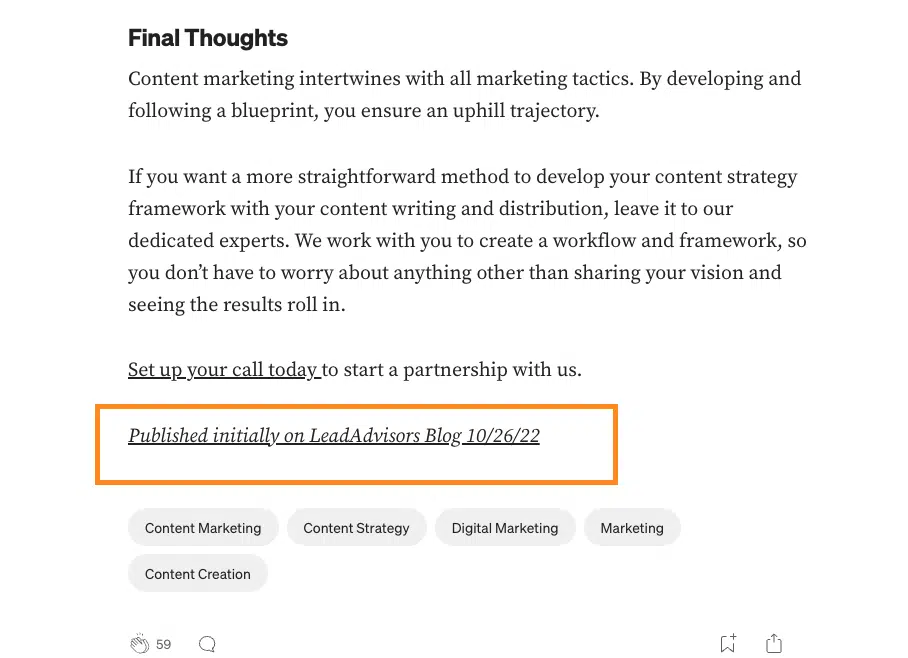 Closing section of a content marketing blog post featuring a call-to-action and a publication date note on the LeadAdvisors Blog.