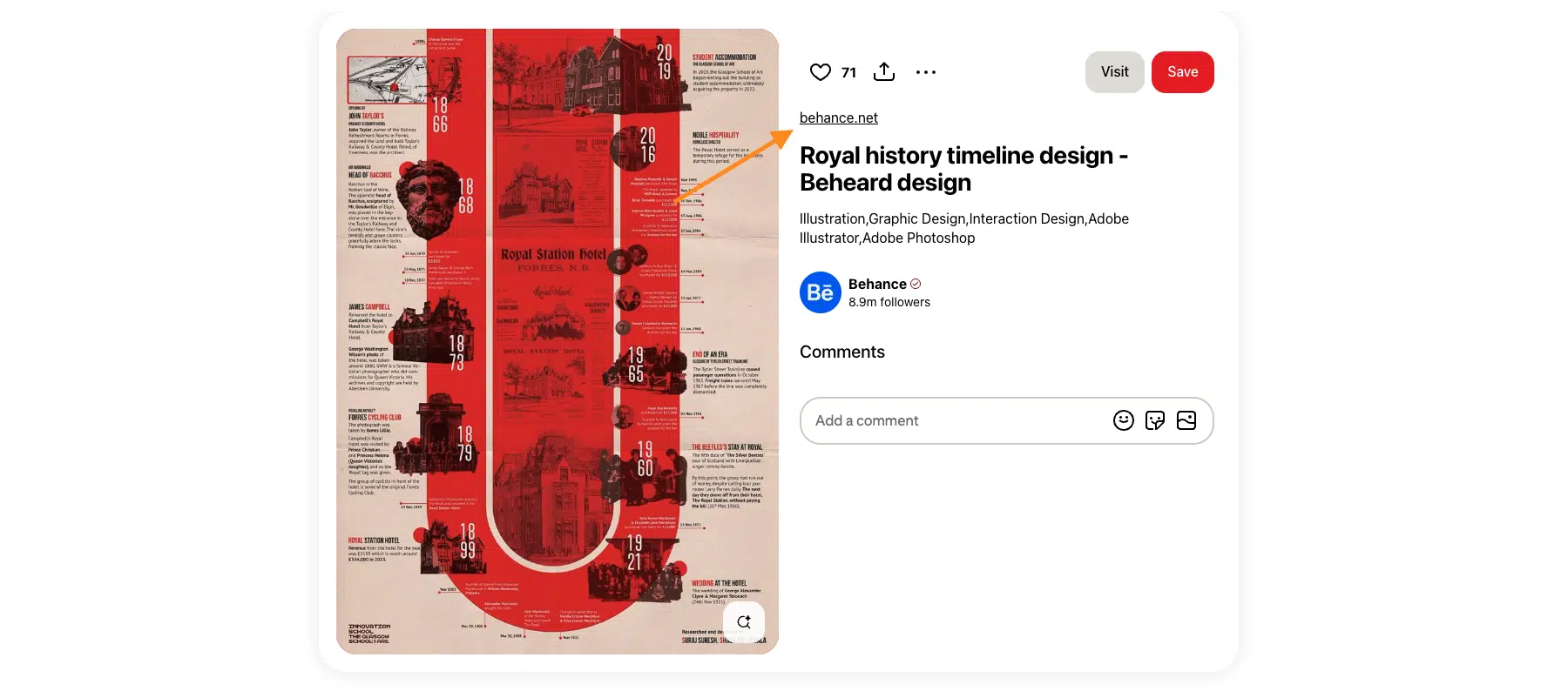 Visual timeline infographic of the Royal Station Hotel’s history from 1866 to 2019, designed by Beheard and featured on Behance, using a red and beige color scheme with vintage illustrations and key historical milestones.