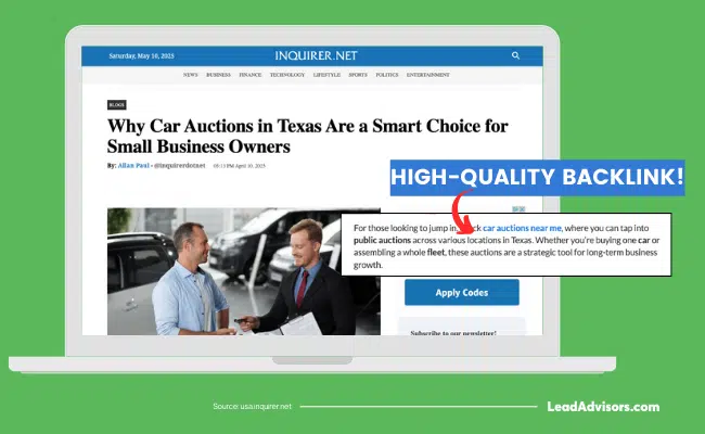 Example of a high-quality backlink to a car auctions website featured in an Inquirer.net article, highlighted in a screenshot on a laptop display.