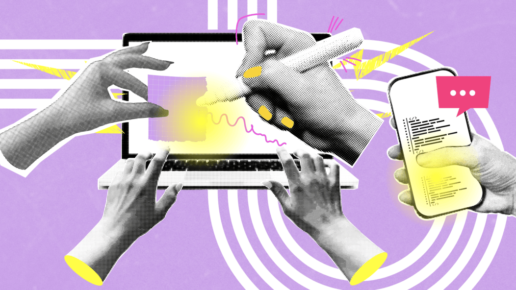 Hands collaborating on digital content creation using a laptop, stylus, and smartphone with code and messaging, symbolizing modern creative workflows.