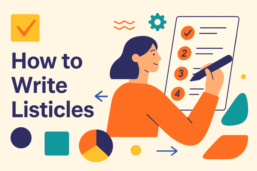 Illustration of a person writing a numbered list with the heading “How to Write Listicles,” symbolizing structured blog content and SEO strategy.