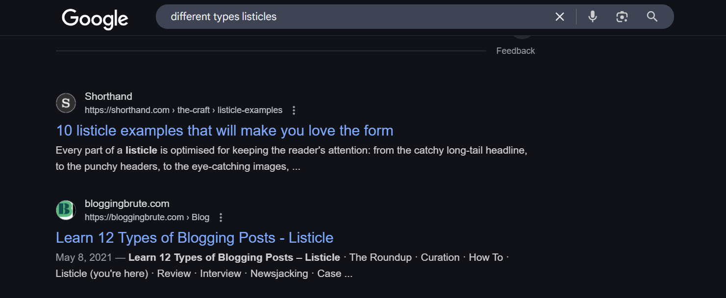 Google search results for 'different types listicles' showing top-ranking articles titled '10 listicle examples' and '12 types of blogging posts'.