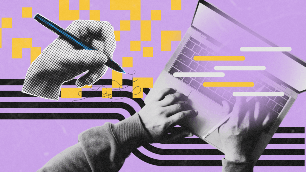 Creative illustration of hands writing and typing on a laptop, symbolizing SEO content creation and blogging strategy.
