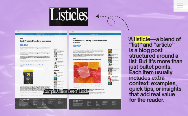 Screenshot showing examples of affiliate listicles with a definition of a listicle as a blog post that combines list format and article content.