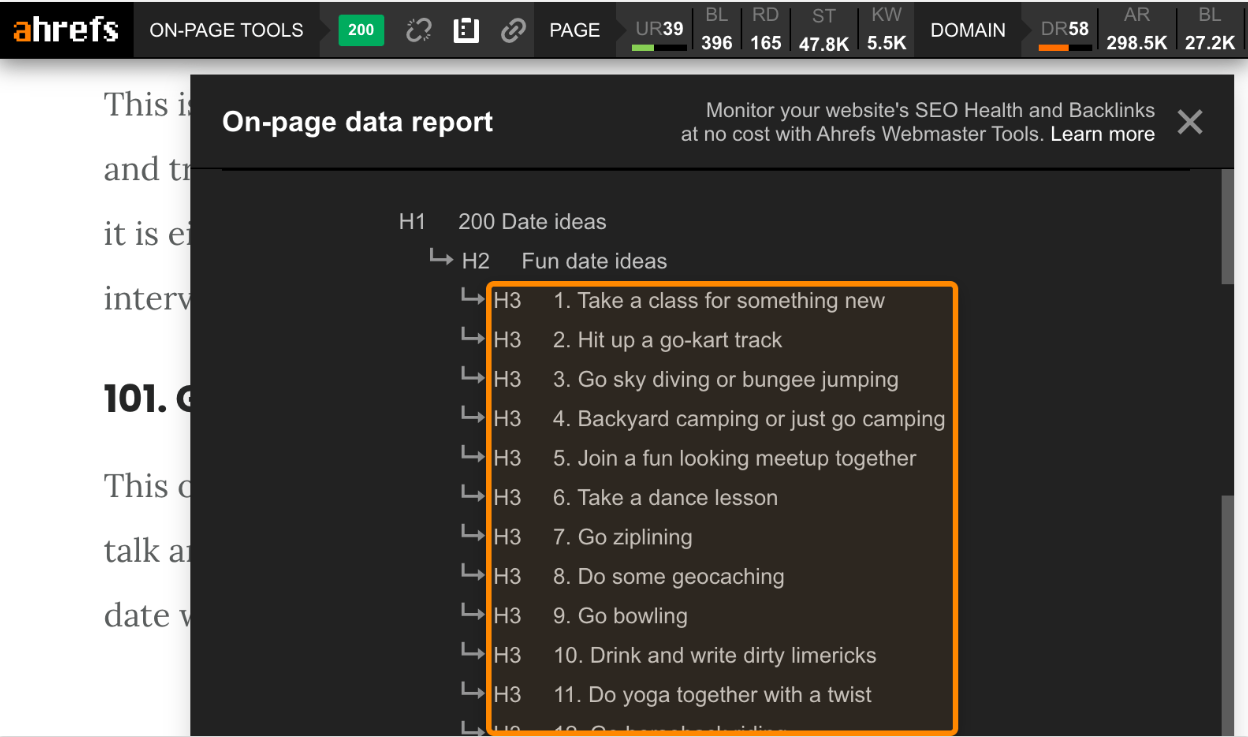 Ahrefs on-page SEO tool highlighting structured H3 subheadings in a listicle titled '200 Date Ideas' with examples like 'Take a class' and 'Go sky diving'.