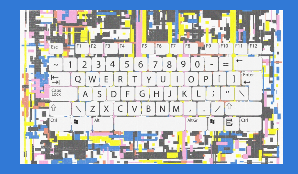 Conceptual illustration of a keyboard over digital data noise, representing the process of keyword research and search data analysis.
