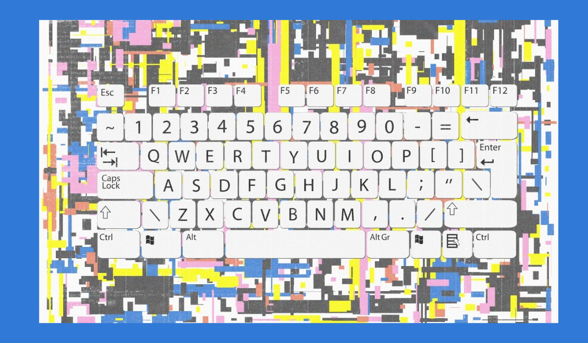 Conceptual illustration of a keyboard over digital data noise, representing the process of keyword research and search data analysis.