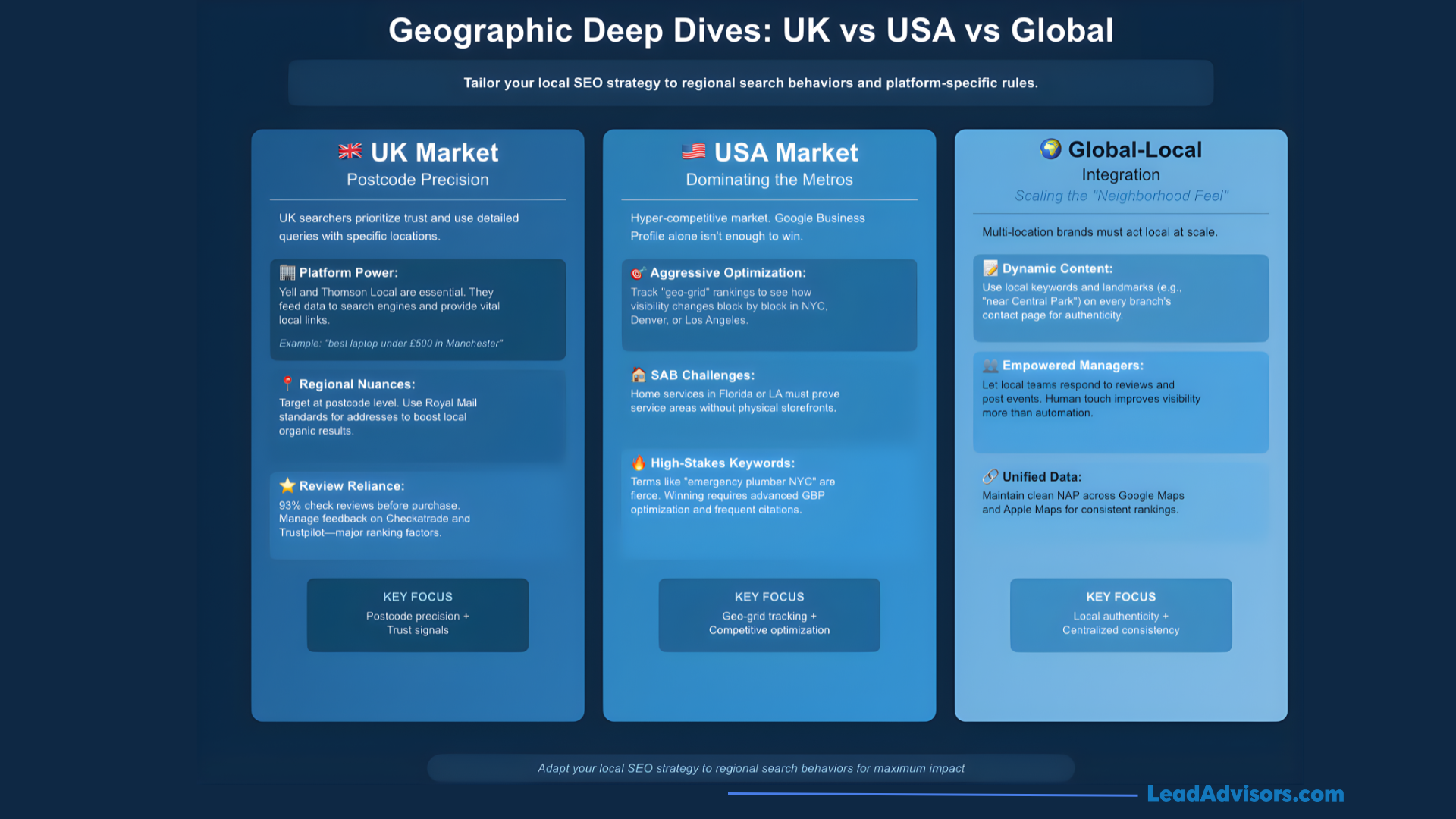 A comparison of local SEO market nuances between the UK, USA, and Global-Local integration strategies.