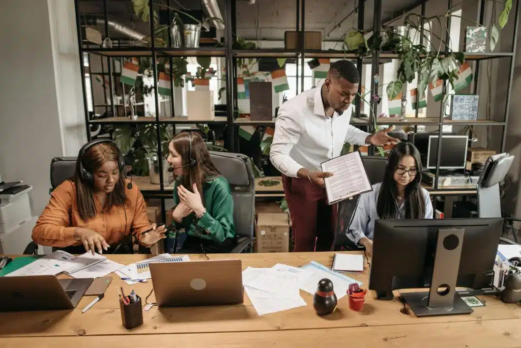 An office discussing how to improve call center customer service