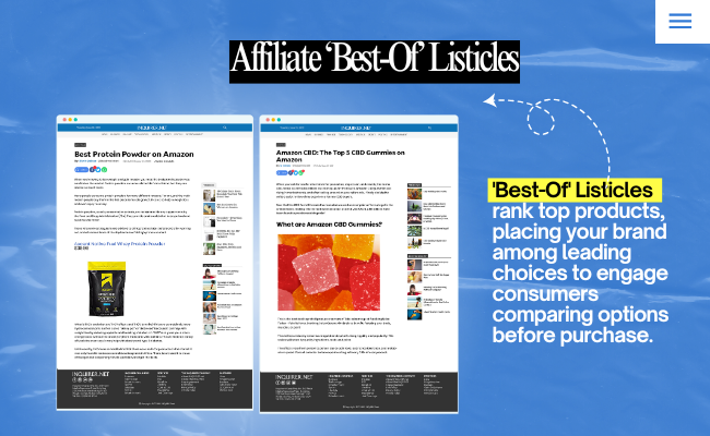 Illustration of affiliate best-of listicles showcasing top product comparisons and recommendations, designed to help readers make informed purchasing decisions.