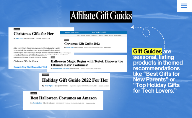 Example of affiliate gift guides, highlighting curated product recommendations for seasonal shopping and special occasions to attract high-intent buyers.