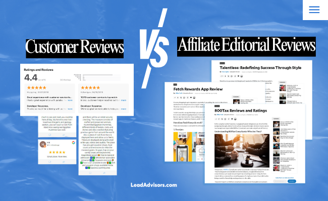 Infographic between customer reviews vs affiliate editorial reviews.