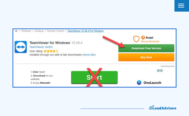 A deceptive download page with multiple buttons, including a green 'Start' button and a prominent 'Download Free Version' button, misleading users by redirecting to ads or irrelevant pages, demonstrating poor UX design practices.