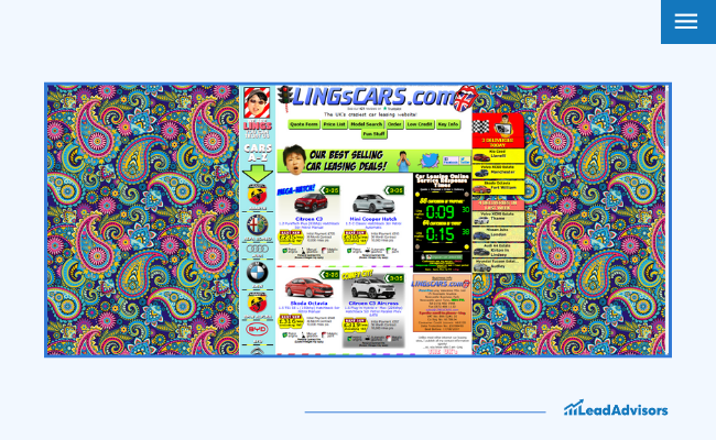 Screenshot of the LingsCars.com homepage displaying an overcrowded user interface filled with flashy graphics, vibrant patterns, multiple links, and text elements, illustrating poor UX design due to excessive distractions.