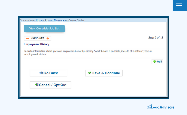 Screenshot of an online job application form displaying Step 6 of 12, with fields for employment history and buttons to save and continue, go back, or cancel, illustrating poor UX design due to unnecessary complexity and overwhelming users.